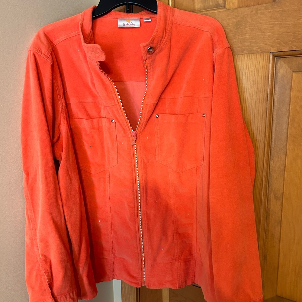 Quacker Factory orange jean jacket with zipper, size 1X